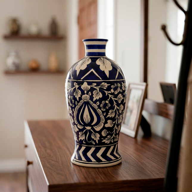 Ethnic Blue Pottery Decorative Vase with Floral & Geometric Design