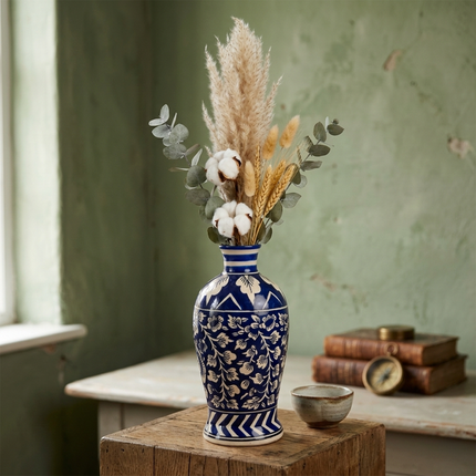 Ethnic Blue Pottery Decorative Vase with Floral & Geometric Design