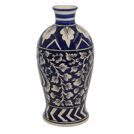 Ethnic Blue Pottery Decorative Vase with Floral & Geometric Design