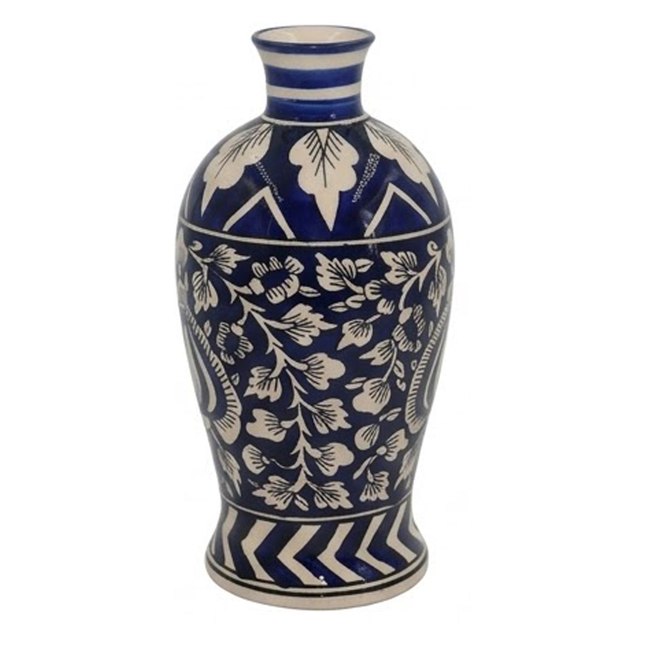 Ethnic Blue Pottery Decorative Vase with Floral & Geometric Design