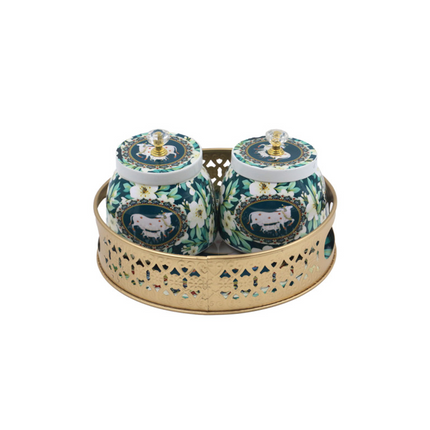 Kamdhenu Jar Set of 2 with Tray – Sky Blue Ceramic Decor_b