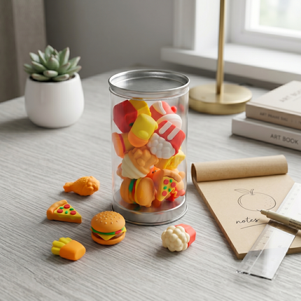 Fun Food-Themed Erasers with Assorted Shapes in Gift Jar