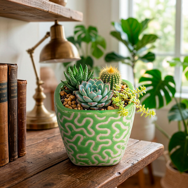 Green Textured Ceramic Planter – Handcrafted Elegance for Modern Spaces