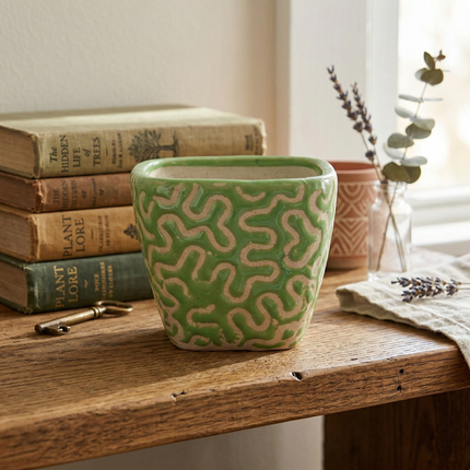 Green Textured Ceramic Planter – Handcrafted Elegance for Modern Spaces