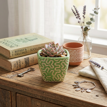 Green Textured Ceramic Planter – Handcrafted Elegance for Modern Spaces