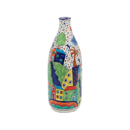 Hand-Painted Colorful Abstract Village Art Ceramic Bottle Vase – Whimsical Village Scene