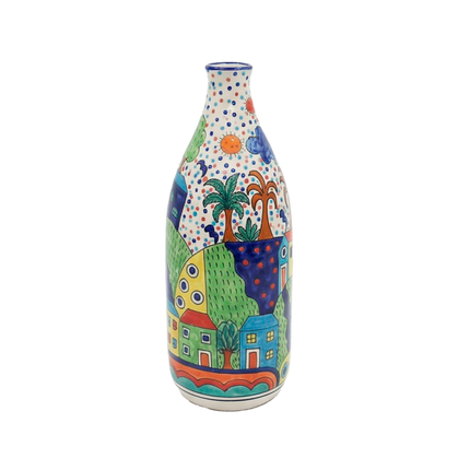 Hand-Painted Colorful Abstract Village Art Ceramic Bottle Vase – Whimsical Village Scene