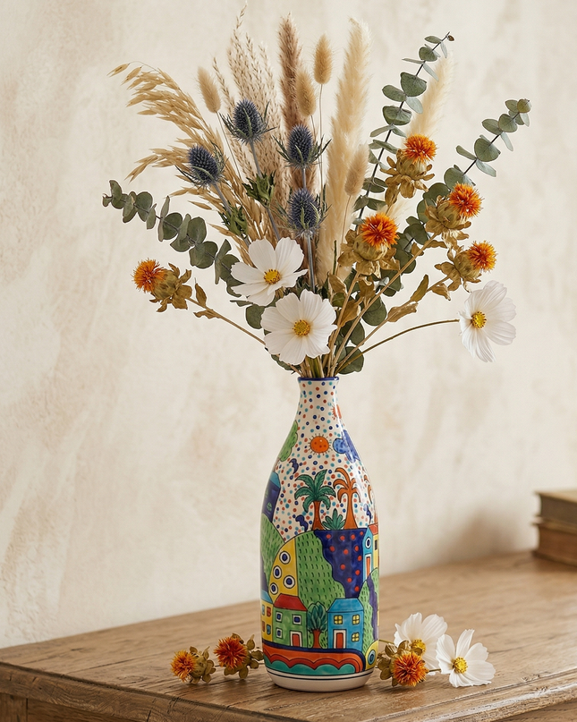 Hand-Painted Colorful Abstract Village Art Ceramic Bottle Vase – Whimsical Village Scene