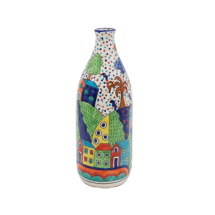 Hand-Painted Colorful Abstract Village Art Ceramic Bottle Vase – Whimsical Village Scene