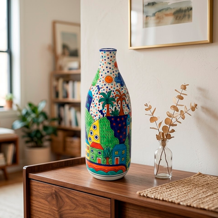 Hand-Painted Colorful Abstract Village Art Ceramic Bottle Vase – Whimsical Village Scene