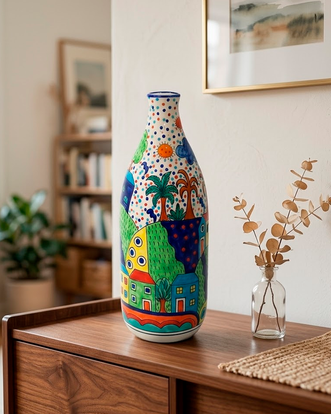 Hand-Painted Colorful Abstract Village Art Ceramic Bottle Vase – Whimsical Village Scene