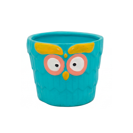 Hand-Painted Turquoise Owl Face Ceramic Desk Planter