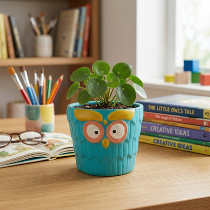 Hand-Painted Turquoise Owl Face Ceramic Desk Planter