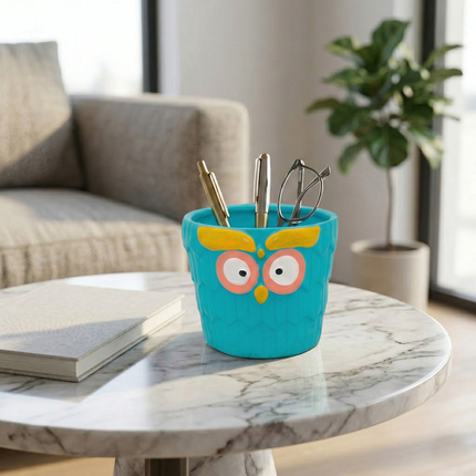 Hand-Painted Turquoise Owl Face Ceramic Desk Planter