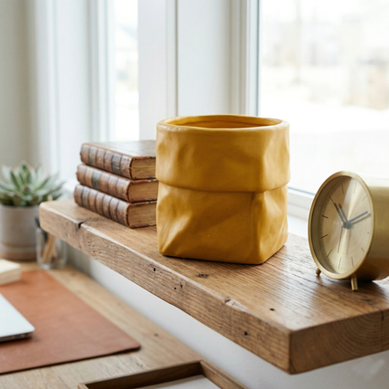 Handcrafted Mustard Yellow Ceramic Planter – Geometric Shape Flower Pot