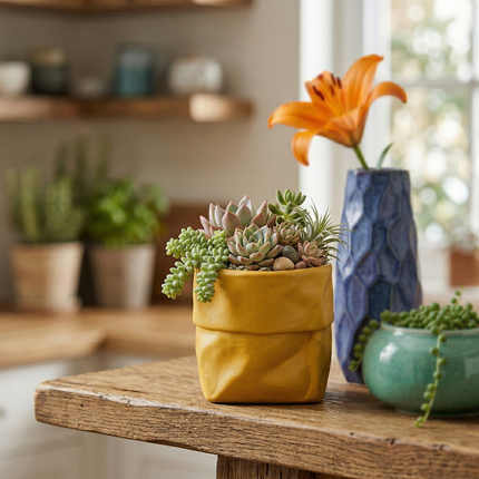 Handcrafted Mustard Yellow Ceramic Planter – Geometric Shape Flower Pot