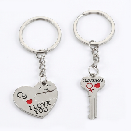 Couple Heart & Key Metal Keychain Set | Matching "I Love You" Keyrings for Couples