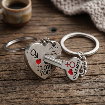 Couple Heart & Key Metal Keychain Set | Matching "I Love You" Keyrings for Couples