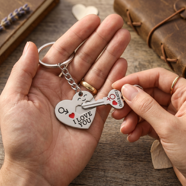 Couple Heart & Key Metal Keychain Set | Matching "I Love You" Keyrings for Couples