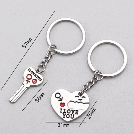 Couple Heart & Key Metal Keychain Set | Matching "I Love You" Keyrings for Couples