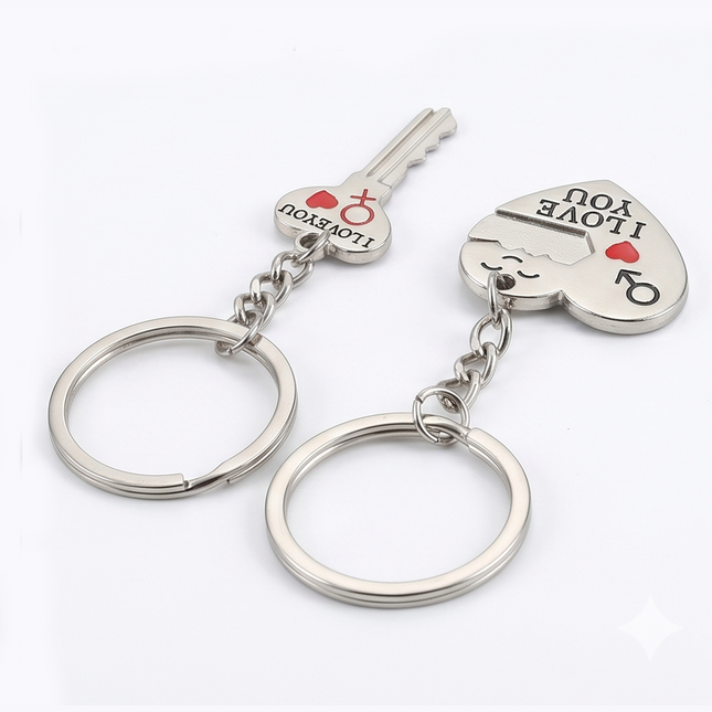 Couple Heart & Key Metal Keychain Set | Matching "I Love You" Keyrings for Couples