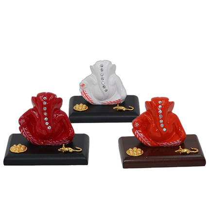 Jeweled Ganesha Idol Set with Stones and Mouse Motif on Wooden Base– Available in White, Red & Orange