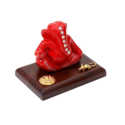 Jeweled Ganesha Idol Set with Stones and Mouse Motif on Wooden Base– Available in White, Red & Orange