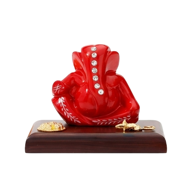 Jeweled Ganesha Idol Set with Stones and Mouse Motif on Wooden Base– Available in White, Red & Orange