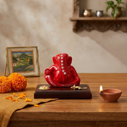 Jeweled Ganesha Idol Set with Stones and Mouse Motif on Wooden Base– Available in White, Red & Orange