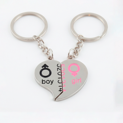 Boy & Girl Heart Couple Metal Keychain Set | Matching Split Heart Love Keyrings