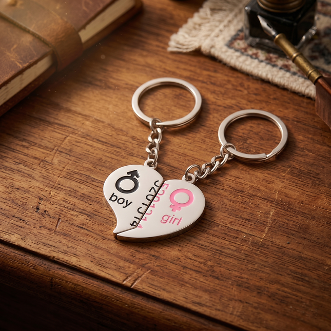 Boy & Girl Heart Couple Metal Keychain Set | Matching Split Heart Love Keyrings