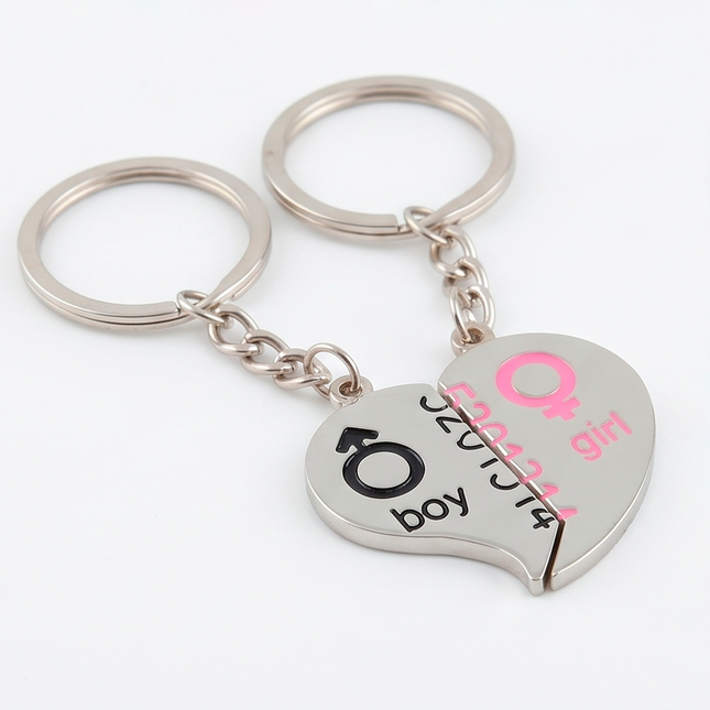 Boy & Girl Heart Couple Metal Keychain Set | Matching Split Heart Love Keyrings