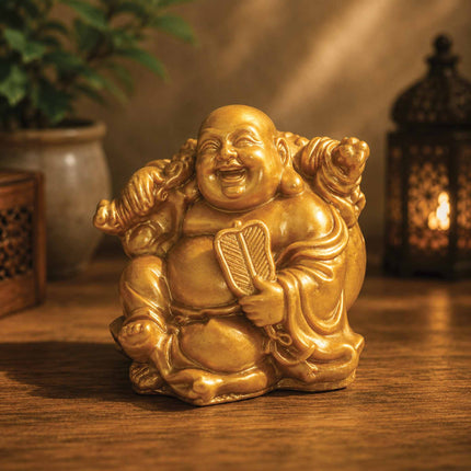 Laughing Buddha Lifting A Golden Fan Decorative Showpiece | Feng Shui & Vastu Figurine for Happiness | Spiritual Gifts for Home, Office, Car