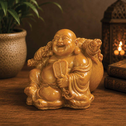 Laughing Buddha Lifting A Golden Fan Decorative Showpiece | Feng Shui & Vastu Figurine for Happiness | Spiritual Gifts for Home, Office, Car