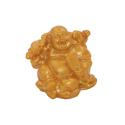 Laughing Buddha Lifting A Golden Fan Decorative Showpiece | Feng Shui & Vastu Figurine for Happiness | Spiritual Gifts for Home, Office, Car