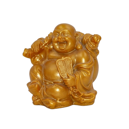 Laughing Buddha Lifting A Golden Fan Decorative Showpiece | Feng Shui & Vastu Figurine for Happiness | Spiritual Gifts for Home, Office, Car