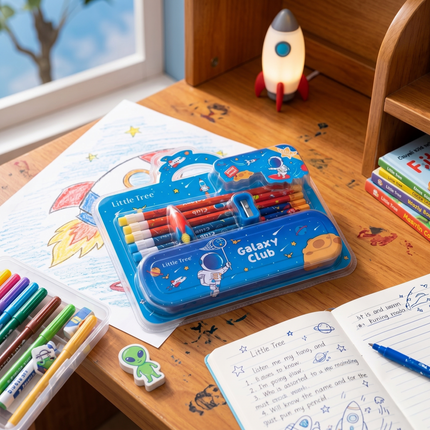 Little Tree Galaxy Club Stationery Gift Set - Space Theme Pencil & Pouch Set for Kids