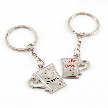 Cheers & For Love Coffee Mug Couple Metal Keychain Set | Matching Romantic Mug Keyrings