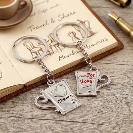 Cheers & For Love Coffee Mug Couple Metal Keychain Set | Matching Romantic Mug Keyrings