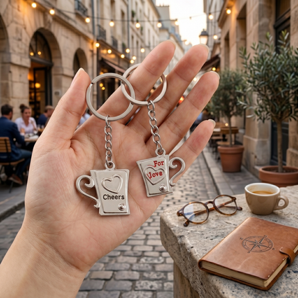 Cheers & For Love Coffee Mug Couple Metal Keychain Set | Matching Romantic Mug Keyrings