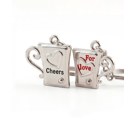Cheers & For Love Coffee Mug Couple Metal Keychain Set | Matching Romantic Mug Keyrings