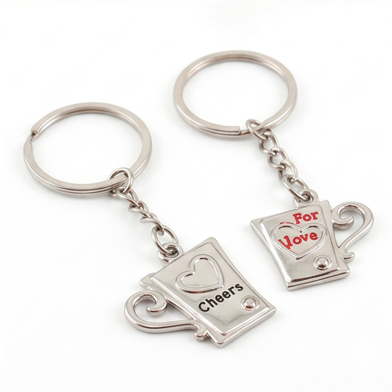 Cheers & For Love Coffee Mug Couple Metal Keychain Set | Matching Romantic Mug Keyrings
