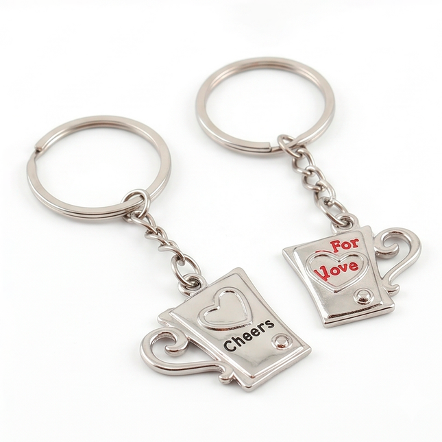 Cheers & For Love Coffee Mug Couple Metal Keychain Set | Matching Romantic Mug Keyrings