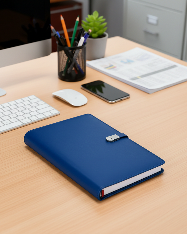 Blue Minimalist Smart Notebook with Power Bank, USB Drive & Multi-Charging Cable
