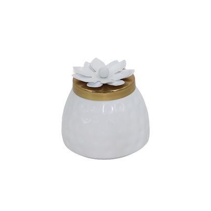 Luxe White Metal Jar with Lotus Bloom Lid – Sophisticated Storage Solution