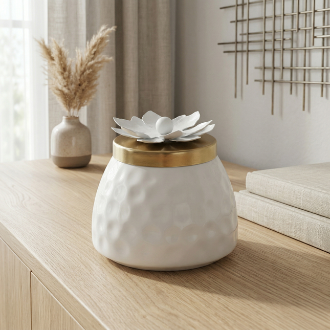 Luxe White Metal Jar with Lotus Bloom Lid – Sophisticated Storage Solution