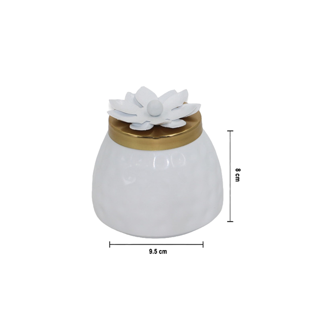 Luxe White Metal Jar with Lotus Bloom Lid – Sophisticated Storage Solution