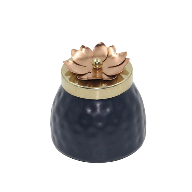 Midnight Blue Storage Jar with Copper Floral Lid – Decorative Storage Container