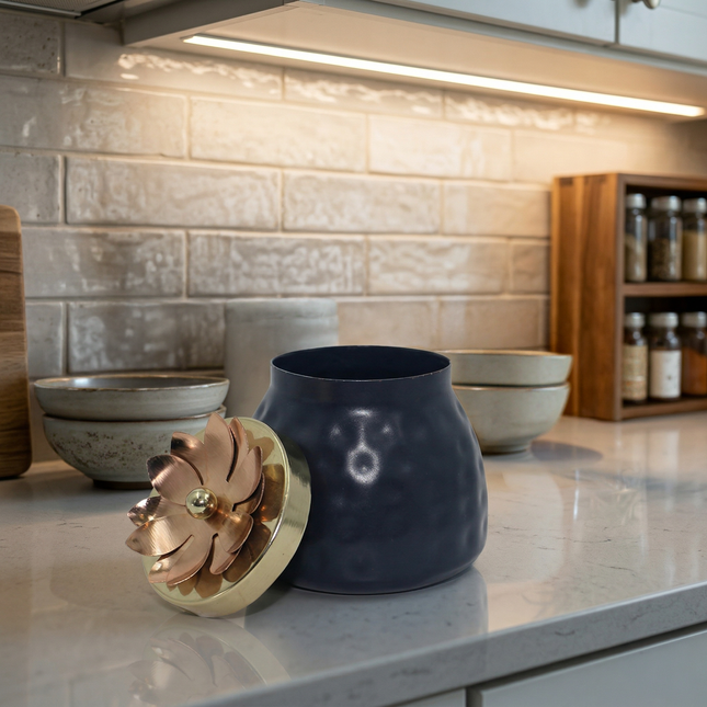Midnight Blue Storage Jar with Copper Floral Lid – Decorative Storage Container