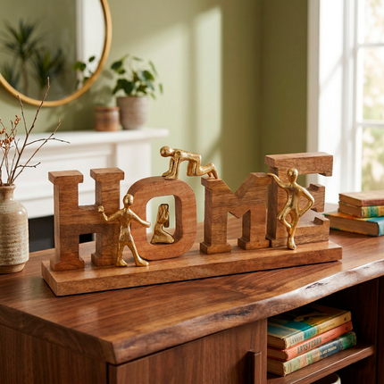 TPIF Wooden Home Decorative Showpiece with Gold Figurines – Handmade Tabletop Ornament, Modern Home & Office Décor, Ideal Gift for Housewarming & Anniversary